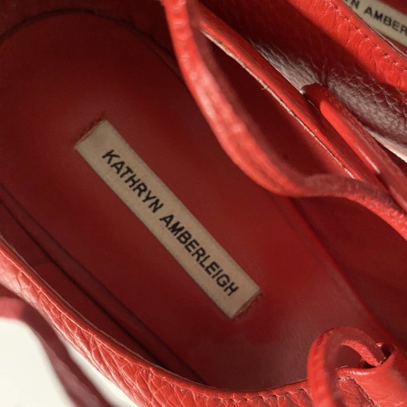 KATHRYN AMBERLEIGH Red Pump Leather 4.5" Heel Almond Toe Platform Lace U… - Picture 9 of 9